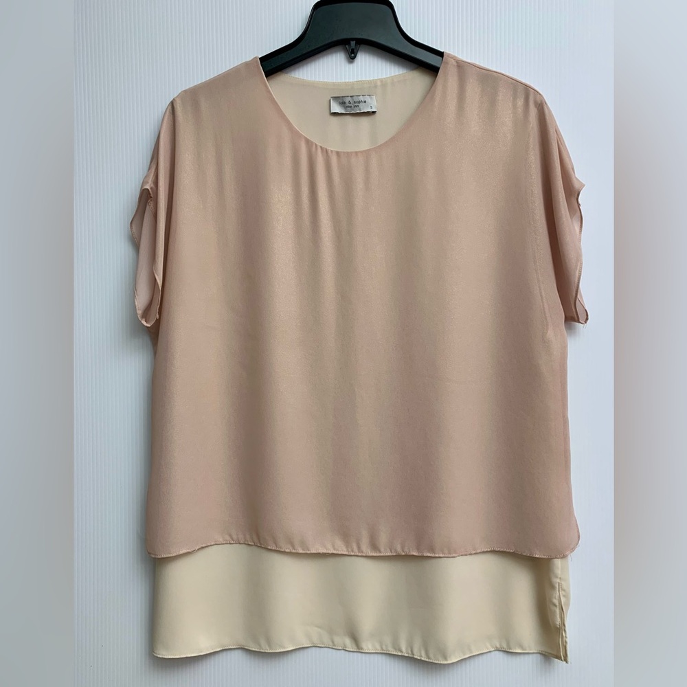 Lola & Sophie New York Pink And Ivory With Gold Thread Cap Sleeve Top 2 Ply S